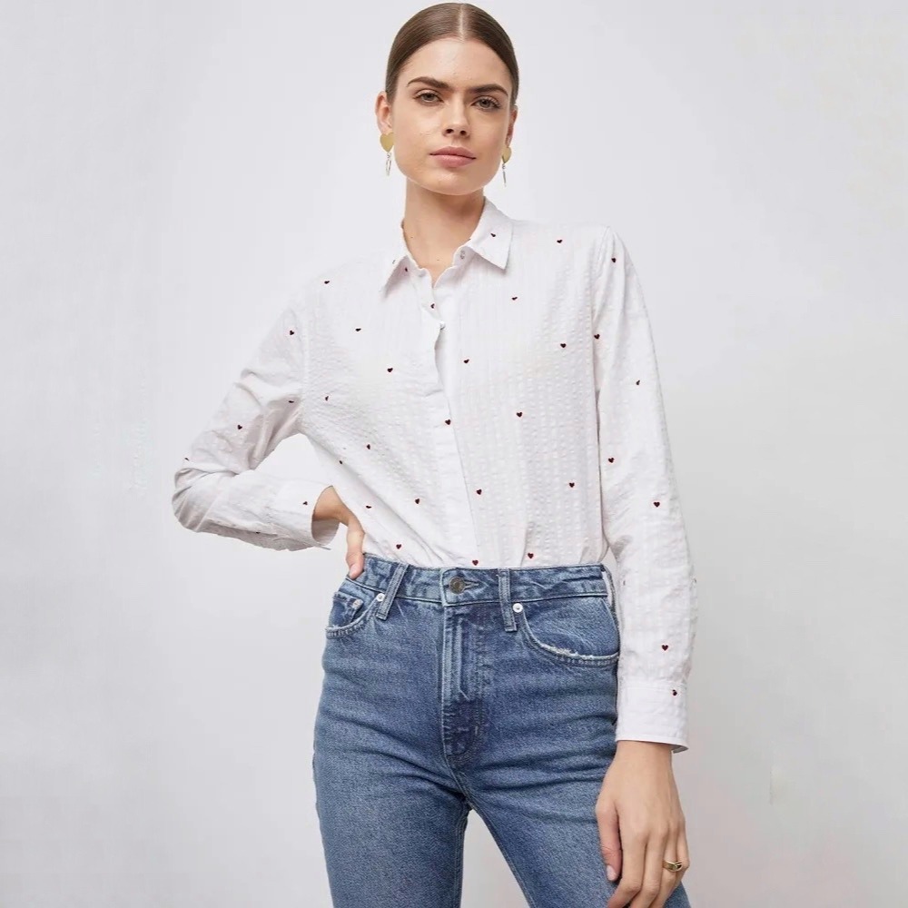 Rails Taylor Hearts Button Down Shirt XS White Red Heart Print Blouse